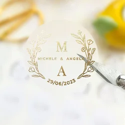 Pegatinas de papel de aluminio dorado personalizadas para boda, etiquetas transparentes de 3cm-7cm, pegatinas de corona Floral, etiquetas de regalo, decoración de boda, 50 piezas