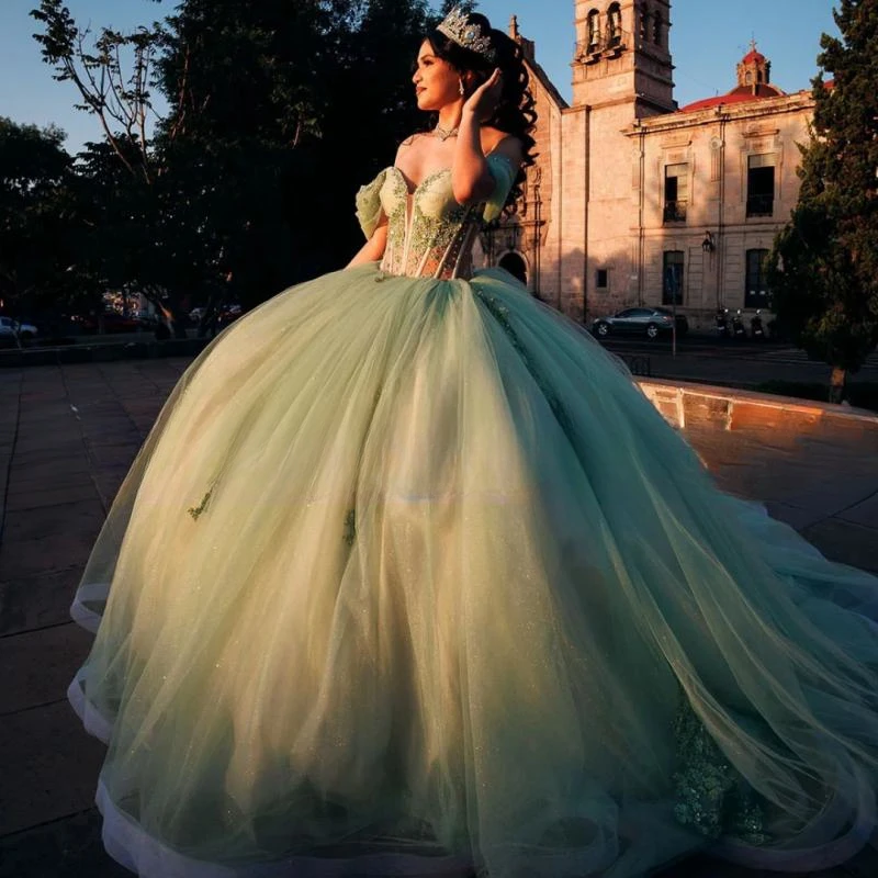 Veralove-vestido De quinceañera con hombros descubiertos para niña, vestido con apliques De cuentas, dulce 16, 15 Años