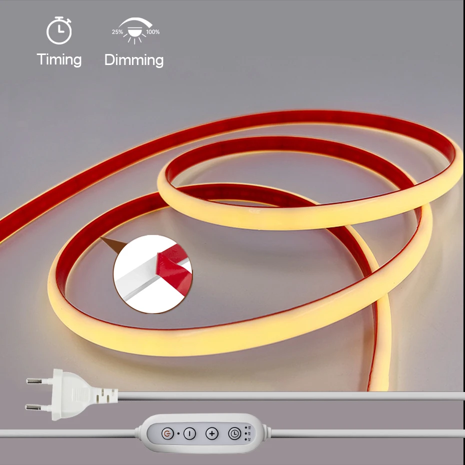 

Регулируемая лента COB 110 В 220 В IP65 Водонепроницаемая 288 светодиодов/м Светодиодная лента Самоклеящаяся вилка переключателя синхронизации ЕС, США, Австралии, Великобритании, домашний декор, светильник