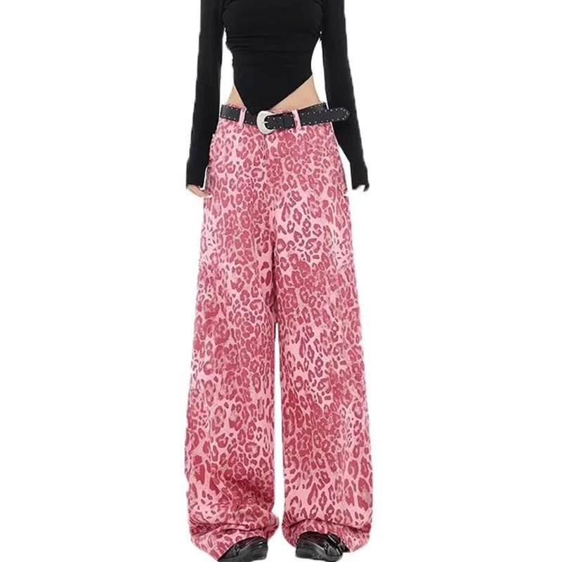 

Female Designer Pink Straight Leg Thin Jeans Lady High Waist Casual Daily Pants Women Chic Leopard Print Denim Trousers