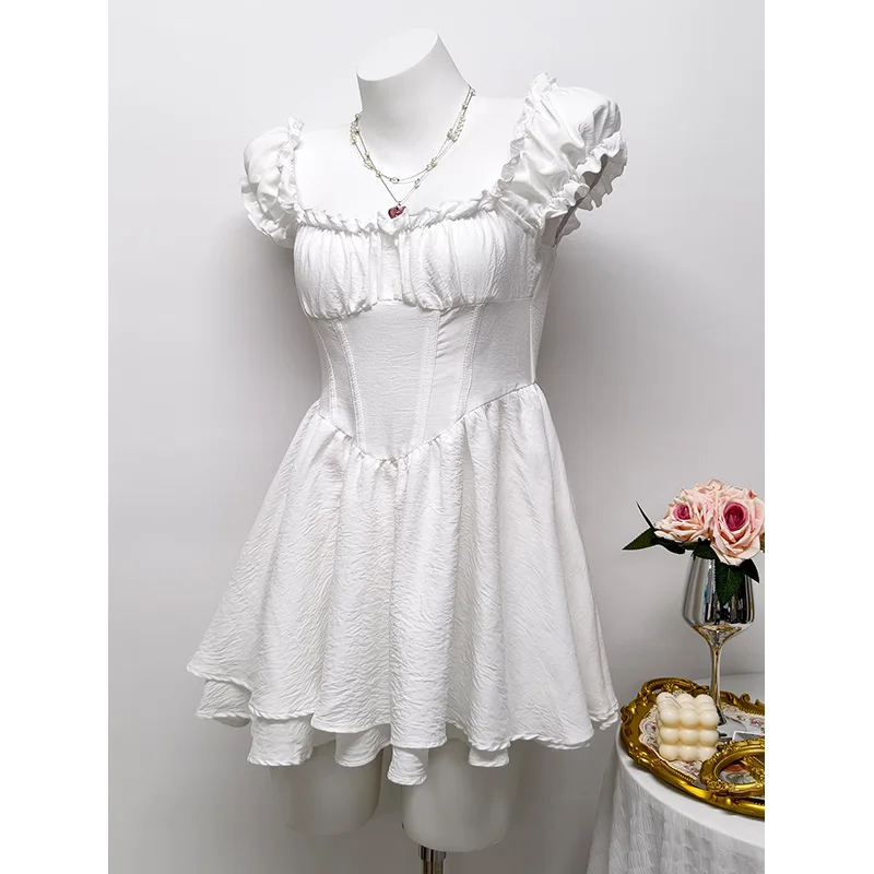 Benuynffy quadrado pescoço babado guarnição doce vestido de verão feminino 2026 nova cor sólida cintura alta em camadas bainha a linha vestidos curtos