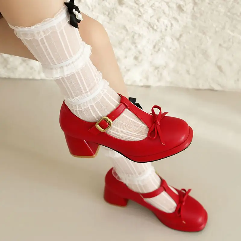 REAVE CAT Women Pumps Round Toe Chunky Heels 6.5cm Platform Bowknot Pigskin Buckle T-Strap Size 42 43 Elegant Daily Shoes