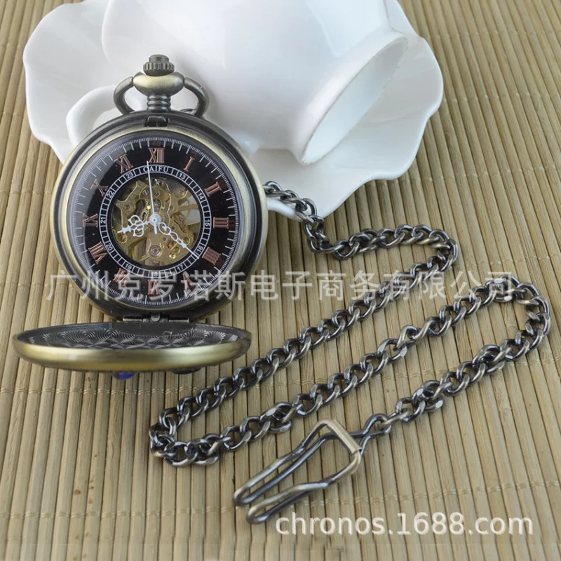 Foreign Trade Large Flip Mechanical Pocket Watch Roman Gem Hollow Semi-automatic Manual Mechanical Watch Pocket Watch