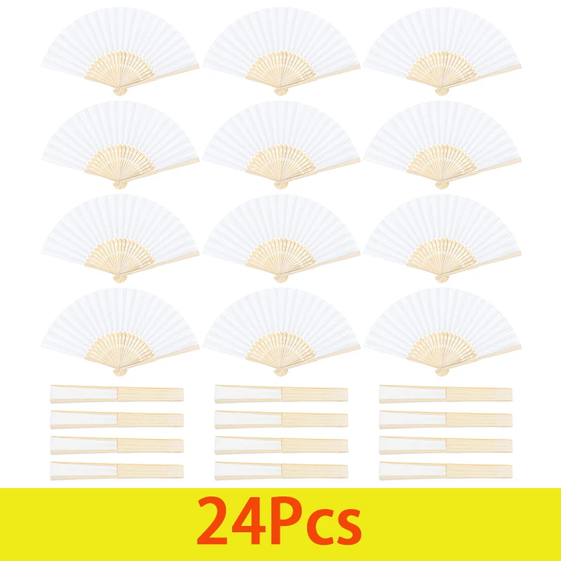 

24Pcs White Folding Fan Bamboo Folding Fan Handheld Fans Suitable For Wedding Party Decoration