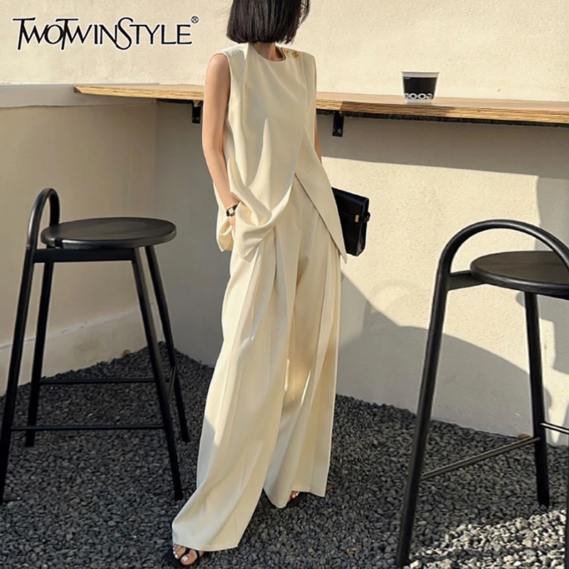 

TWOTWINSTYLE Irregular Two Piece Set For Women Round Neck Sleeveless Summer Tops High Waist Wide Leg Pant Casual Set Female New