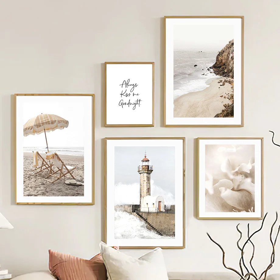 

Beach Landscape Poster Print Parasol Lighthouse Reed Grass Flower Canvas Painting Wall Art Mural Pictures Living Room Home Decor