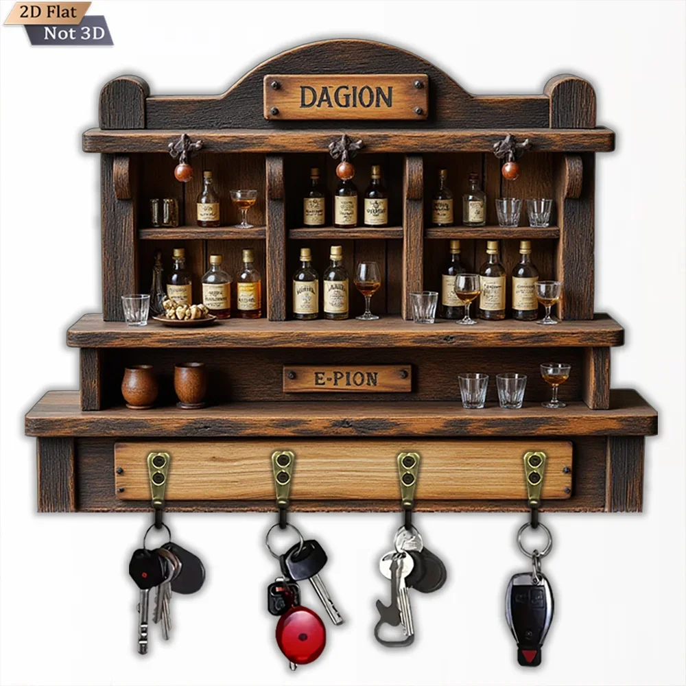 2D Flat, 1pc, Vintage Distressed Wooden Key Hook, Multi-functional Wooden Home Key Hook with Four Metal Hooks, Wall Decoration,
