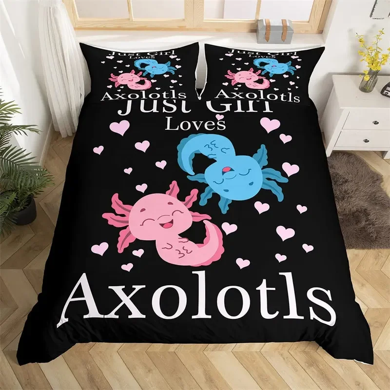 Cartoon Axolotl Duvet Cover Full For Kids Boys Girls Toddlers Kawaii Axolotl Bedding Set Cute Sea Weed Coastal Comforter Cover