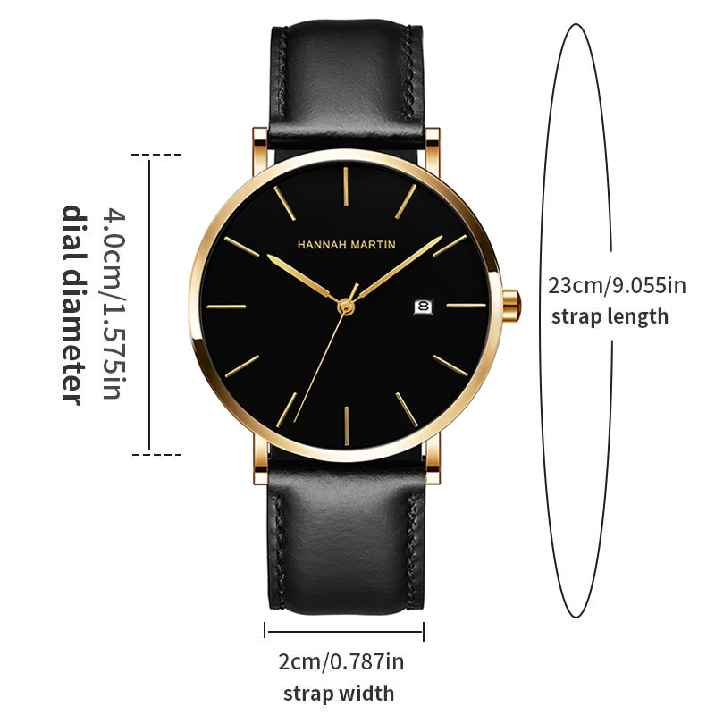 Reloj para hombre, movimiento de cuarzo japonés superior, 40mm, cuero negro, estilo empresarial, Hannah Martin, 3bar, relojes deportivos impermeables para hombre