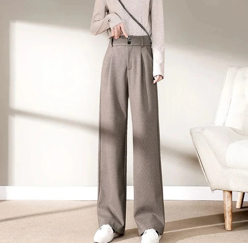 Otoño Invierno pantalones clásicos femeninos niñas pantalones de pierna recta estrecha señora sólido grueso pantalones de cintura alta