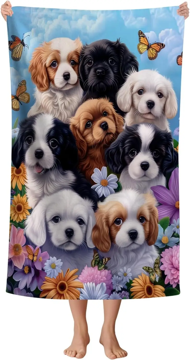 Cute Dog Beach Towel, Funny Puppy and Flowers Blue Pattern Quick-Dry Absorbent Bath Towel for Kids, Adults and Travel