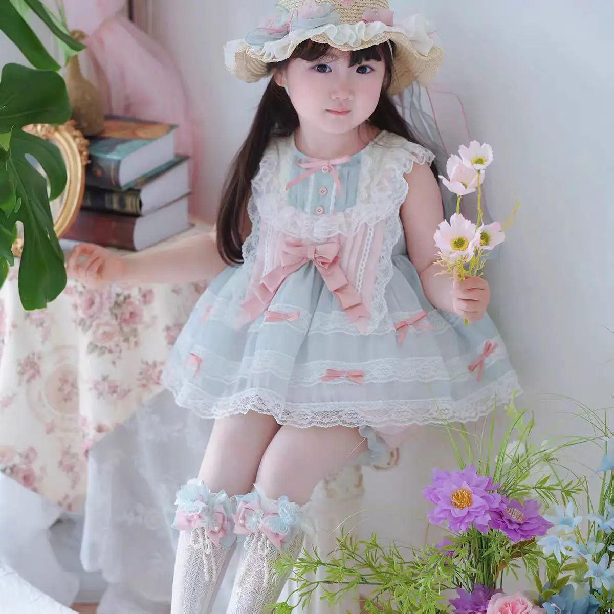 Summer Spanish Bow Floral Princess Lace Gauze Layed Sundree+Shorts Girl Kawaii Lolita Clothes Elegant Party Evening Clothing