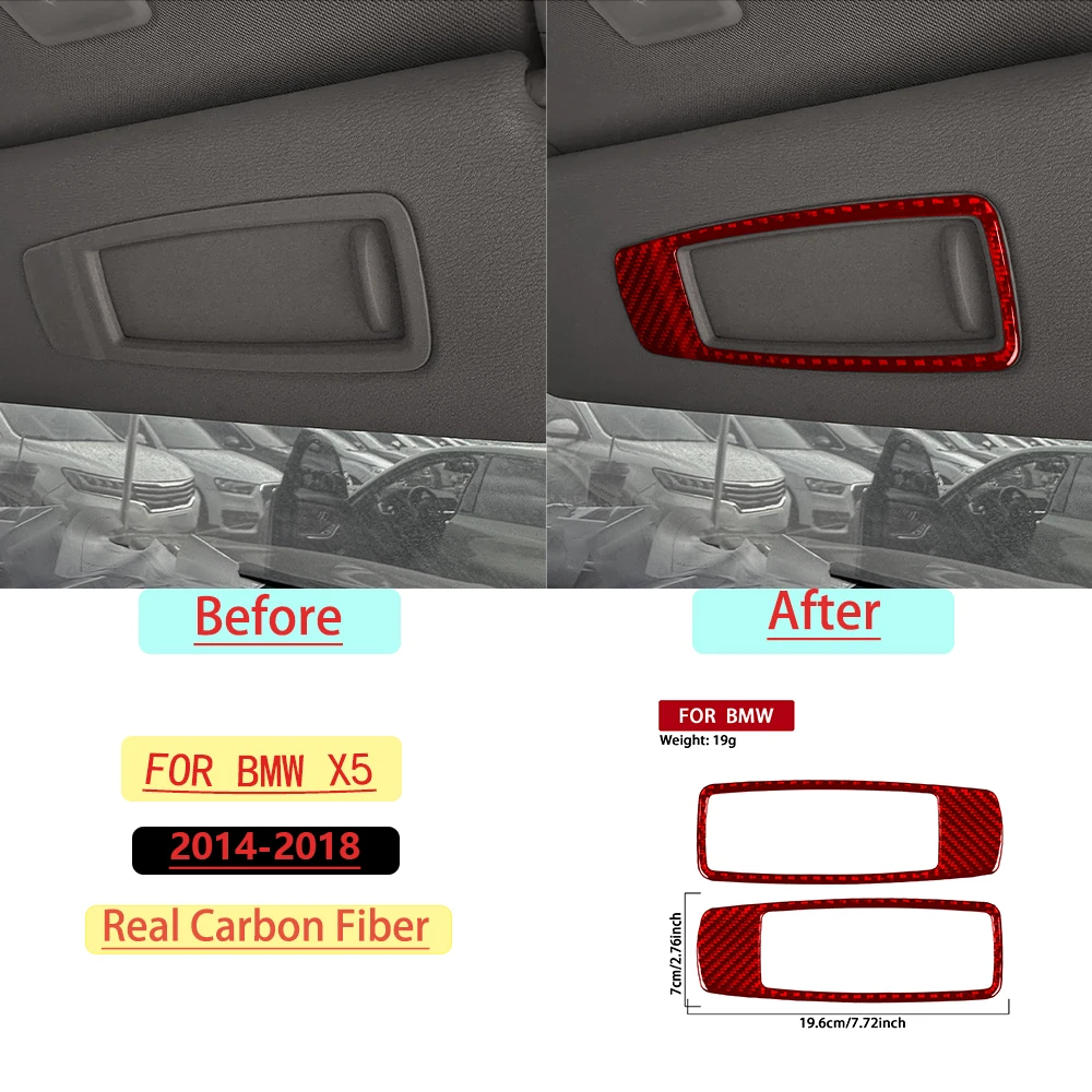 For BMW X5 2014–2018 Car Makeup Mirror Frame Cover Trim Red Real Soft Carbon Fiber Interior Car Accessories Decoration Stickers