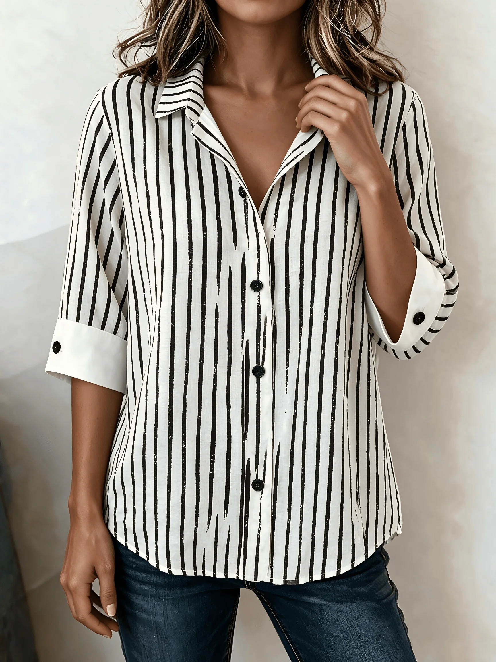 Elegantes, lockeres Damenhemd, modische, lässige Bluse, elegantes Langarm-Damenhemd, Oberteil für den Urlaub und das Wochenende – Detail 1