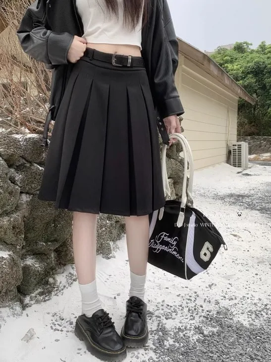 ZHISILAO Solid Knee Length Skirts Women Vintage High Waist Pleated Skirt Autumn Winter 2024