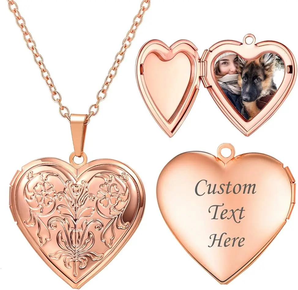 

Женское ожерелье-кулон U7 из платины и золота 14 карат с местом для фото, цепочка 20 дюймов, персонализированный подарок, индивидуальный дизайн в форме сердца