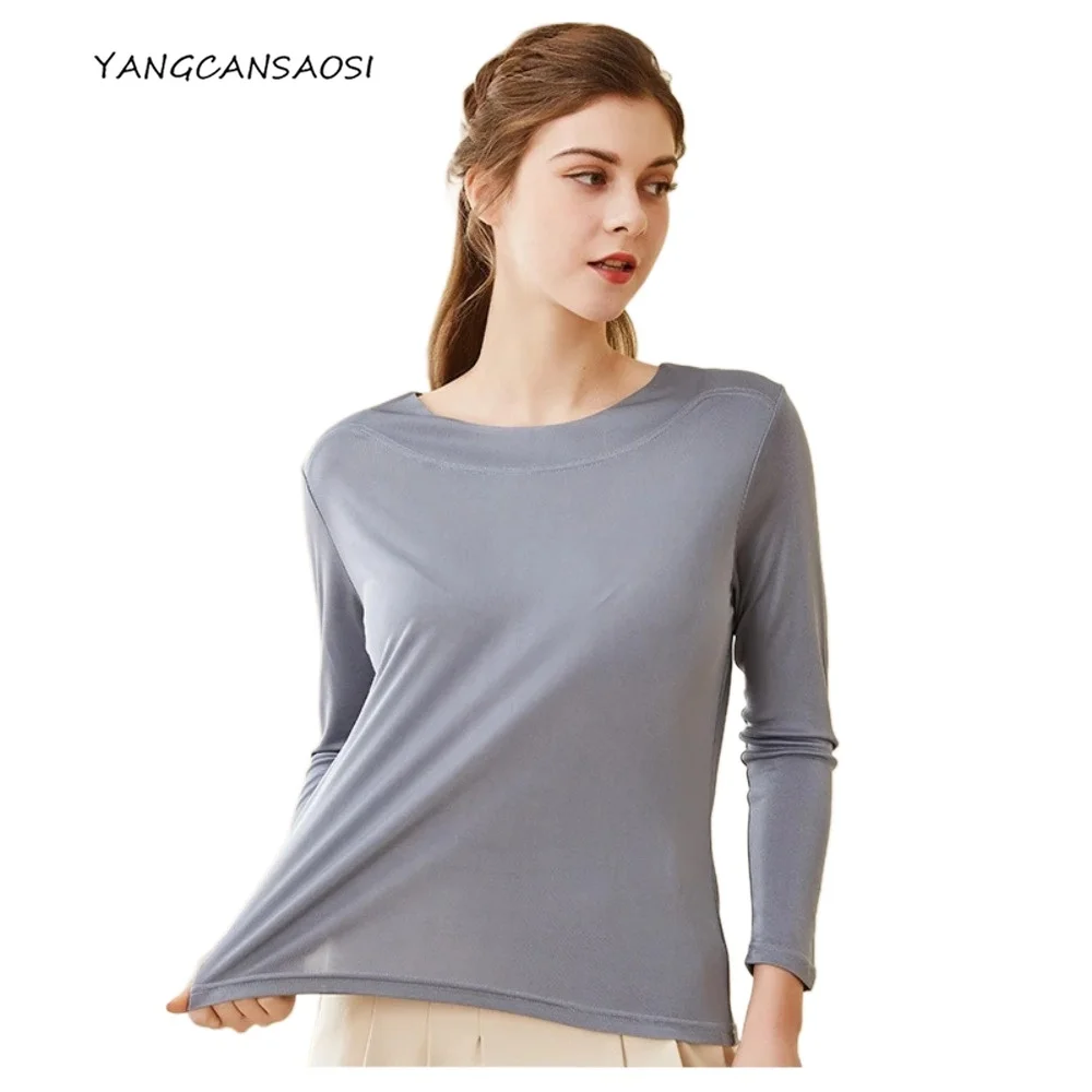 

2025 Women's New Clothing 23% Natural Mulberry Silk Solid Breathable Comfortable Round Neck Long Sleeved Knitted Base Shirt