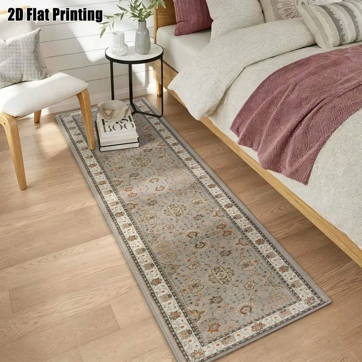 1Pc 2D Printed Light Blue Retro Floral Long Strip Runner Rug, European/Bohemian/Geometric Striped Style, Machine Washable, Multi-Size for Home Decor, Entrance, Corridor, Living Room, Bedroom
