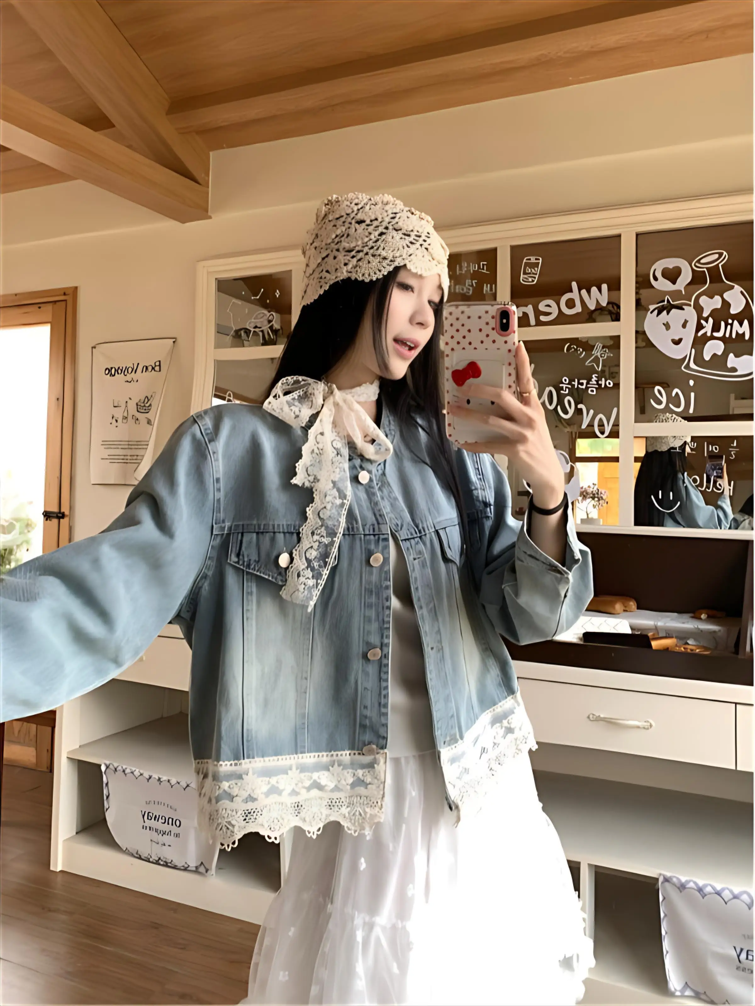 

Denim Coats Unisex Womens Spring Tweed Pleated Fluffy Sashes Chic Festival Lacework Dopamine Layered High-Grade Raglan Jackets