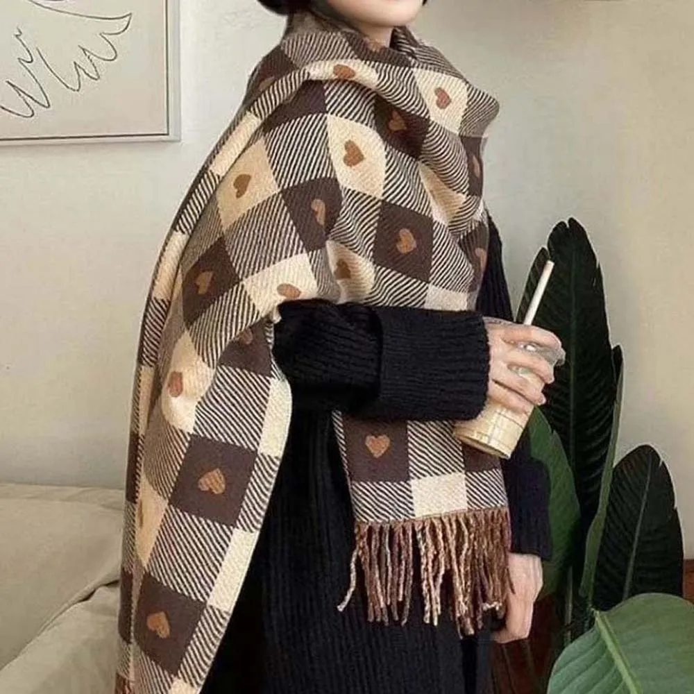 

Large Acrylic Fibers Plaid Knitted Scarf Long Soft Heart Thickened Scarf Classic Tartans Printed Tassel Shawl Winter