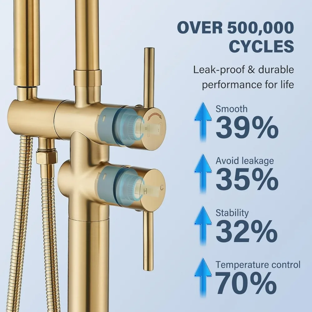 Grifo de bañera independiente con montaje en suelo y acabado en oro cepillado, sistema de ducha de alto flujo que incluye mezclador de ducha de mano Ta