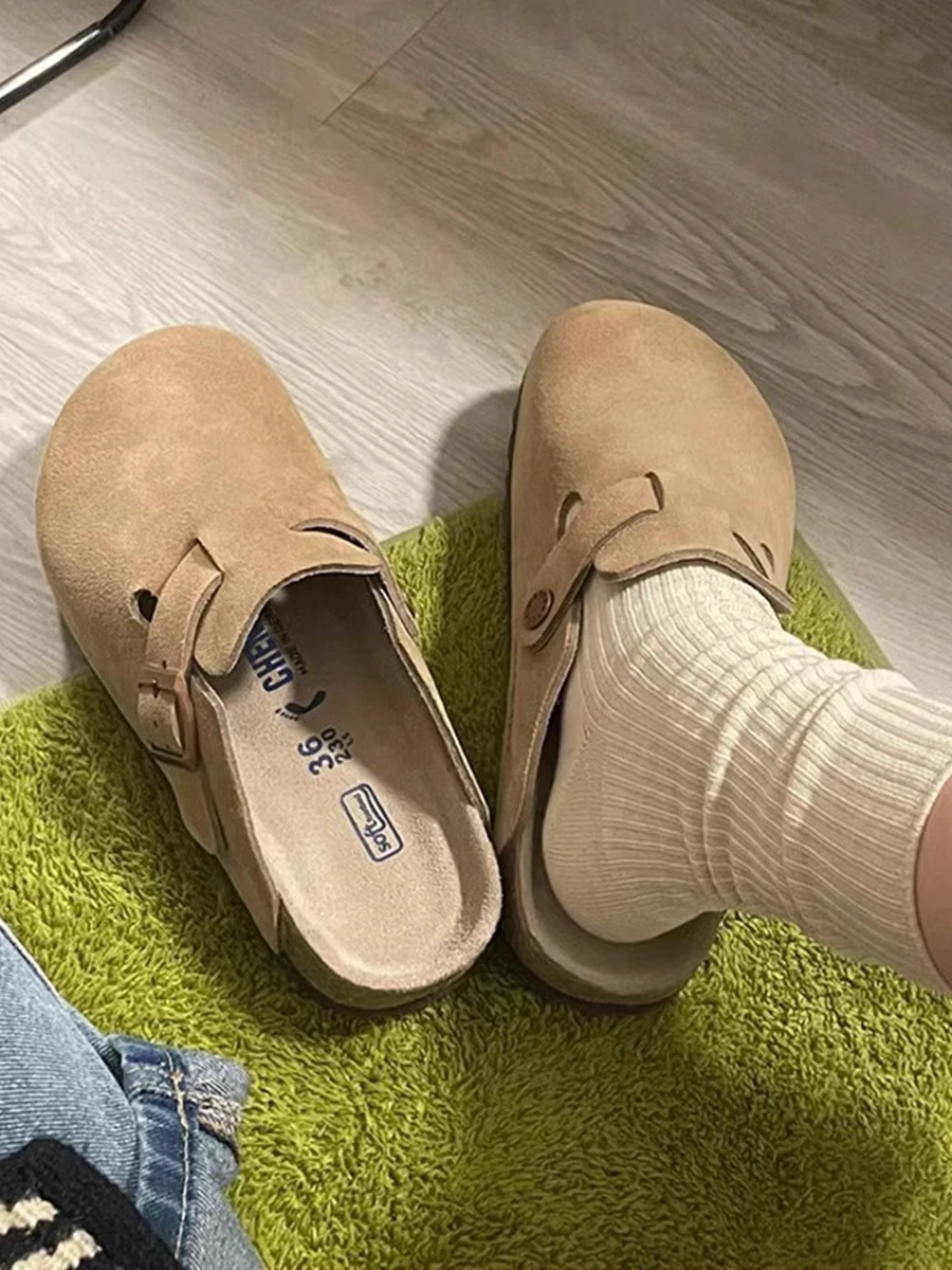 full-leather-women's-slippers-outdoor-wearable-clog-shoes-soft-wood-bottom-flat-fishing-head-cap-half-slippers