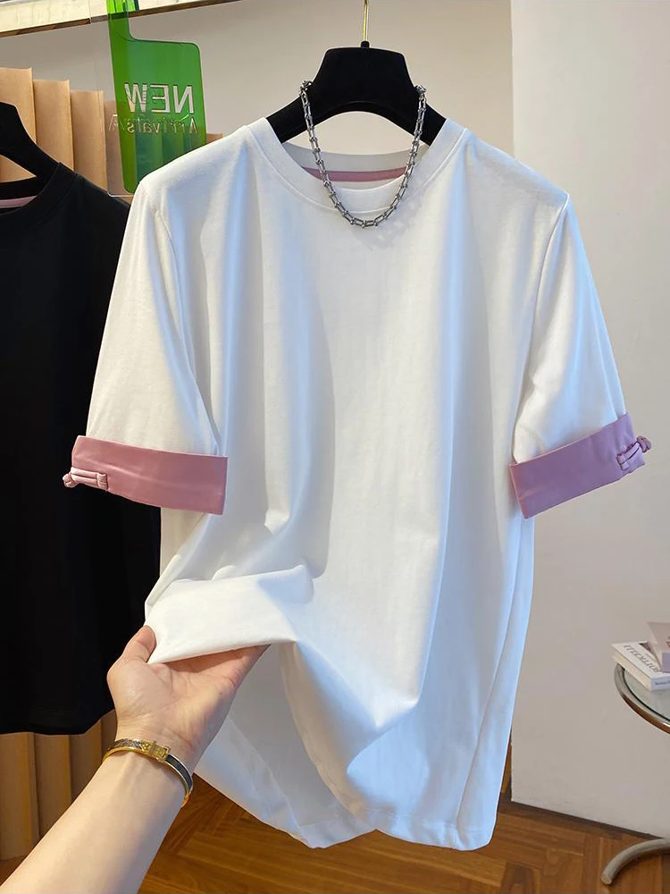 T-shirt girocollo da donna 2024 nuova maglietta estiva a maniche corte Chic semplice top larghi moda Casual Versatile