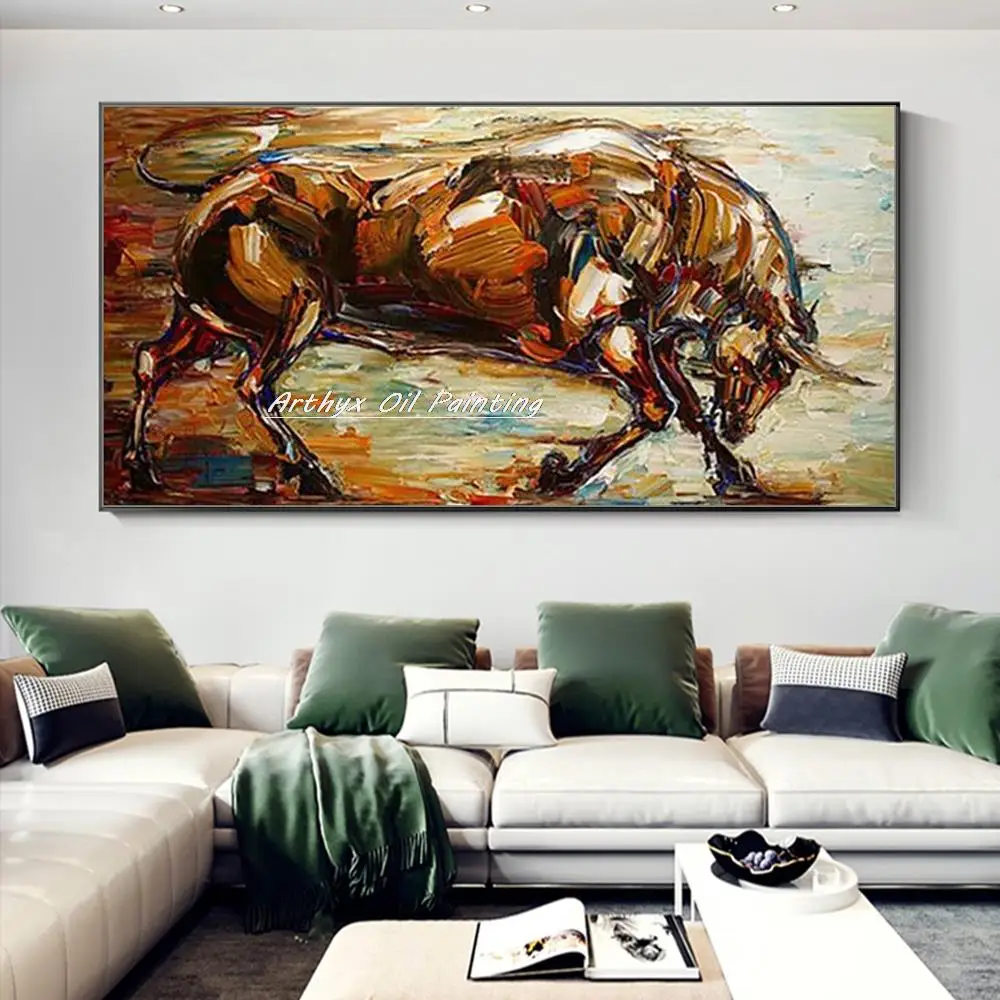 Arthyx,Modern Decorative Pop Art,Handpainted Abstract Animal Bull Oil Painting On Canvas,Wall Picture For Living Room Home Decor