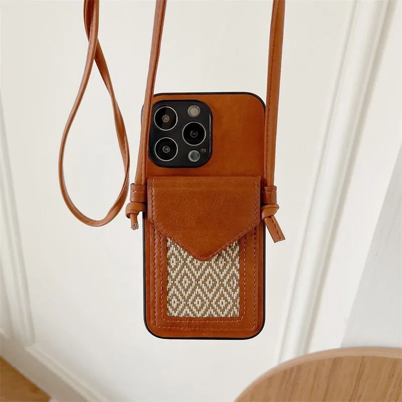 Diamond Card Bag With Lanyard Phone Cover Case For Iphone 15 14 13 12 X 11 Pro Xs Max Xr 8 7 Plus Luxury Leather Coque Fundas