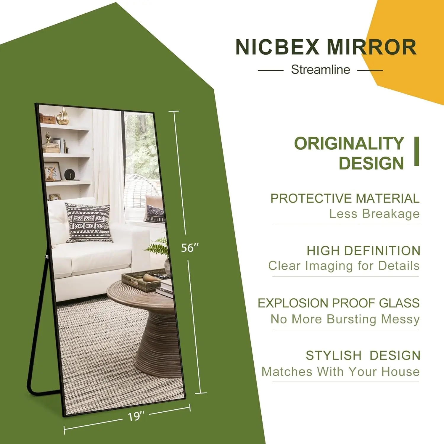 Full Length Mirror with Stand, 56"x19" Aluminum Alloy Frame Floor Mirror, Black, Shatter-Proof Glass - Free Standing, Leaning