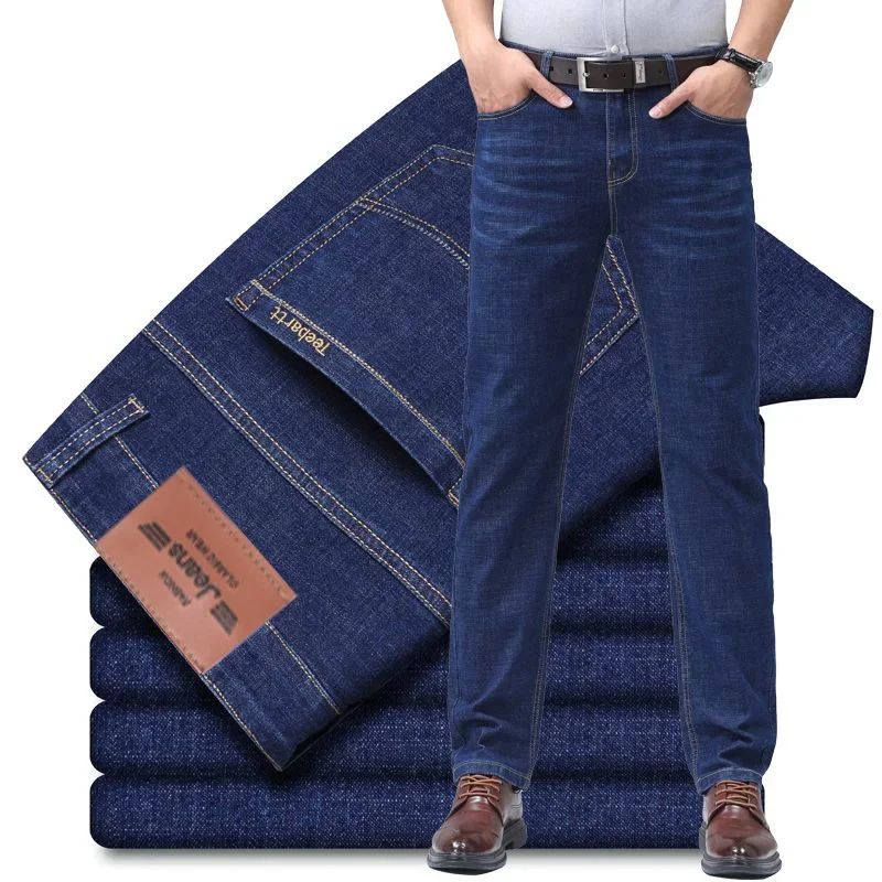 Summer Thin Men's Elastic Cotton Jeans Fashion Sky Blue Comfortable Business Straight Casual Pants Brand Male Clothes Trousers