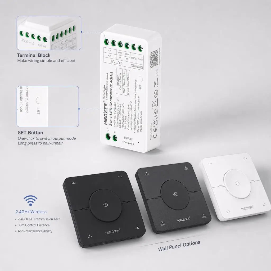 MiBoxer FUT035S+ K0 K0S DC12-24V 2.4GHzRF 2in1 Dual/Single White COB Smart PWM LED Strip Light Dimmer Controller