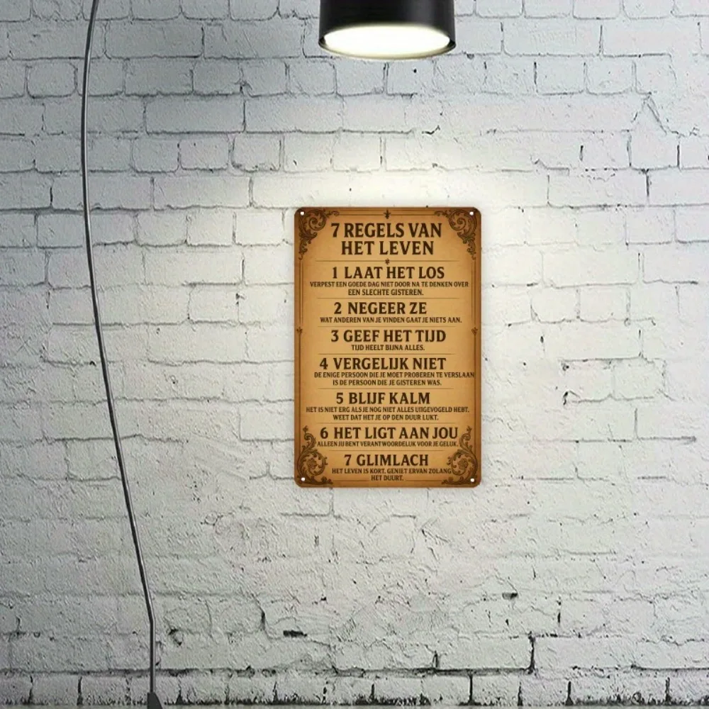 [مسطح [مسطح] لافتة حائط معدنية هولندية عتيقة "7 Regels Van Het Leven" - ديكور حديد ريفي مع قواعد ملهمة للعيش
