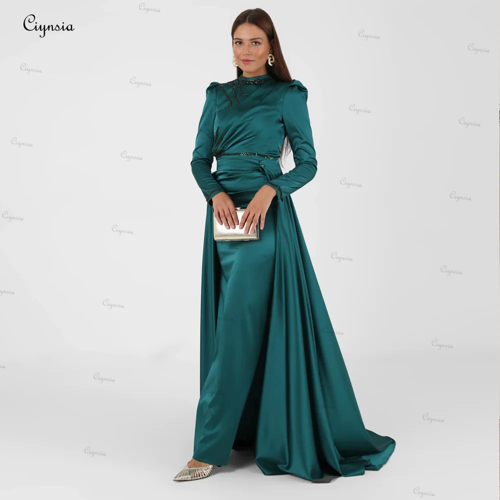 

Ciynsia Dubai Arabic Muslim Formal Evening Dresses Long Sleeves Robes De Soirée Satin Beads Elegant Wedding Party Dress 2024