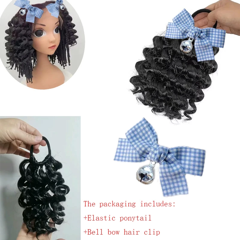 2 Packs Kid Ponytail Double Afro Puffs Kinky Curly Hair Bun Kid's bell checkered bow hair clip Natural Black Synthetic Hair