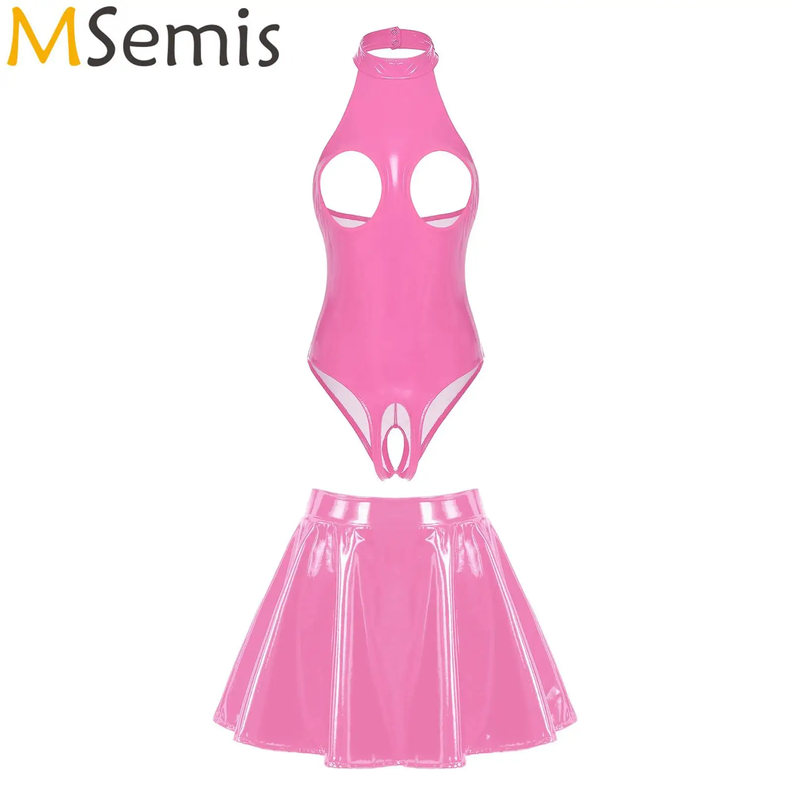 

Womens Two Pieces Wet Look Patent Leather Set Halter Open Cup Crotchless Bodysuit with Zipper Flared Skirt Night Club Costume