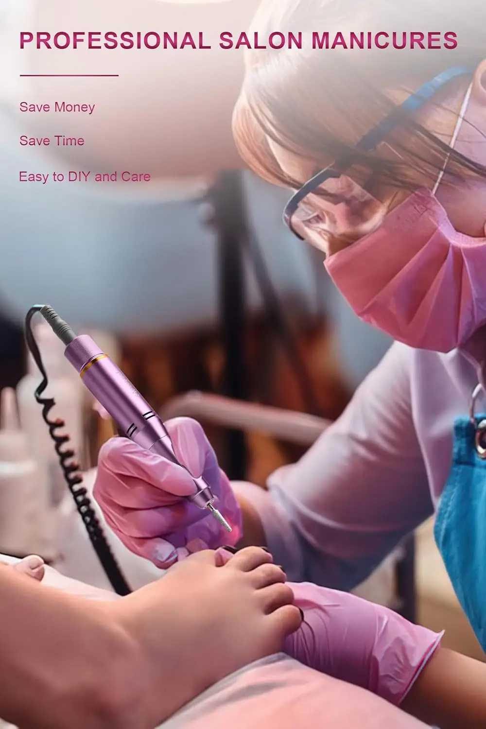 Profesjonalna bezprzewodowa elektryczna frezarka do paznokci, 45000 obr./min do paznokci żelowych akrylowych z 11-elementowym zestawem, różowa