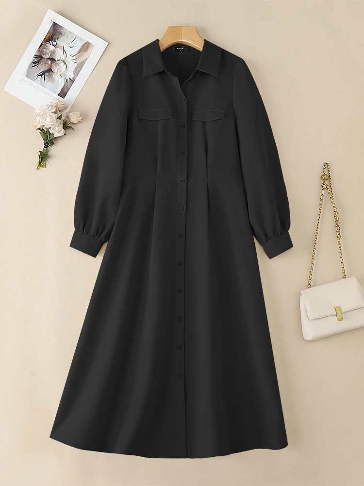 VONDA Elegante Camicia Lunga Abiti da Donna Manica Lunga Risvolto Midi Abiti 2025 Autunno Casual Pulsante Solido Moda Autunno Party Robe