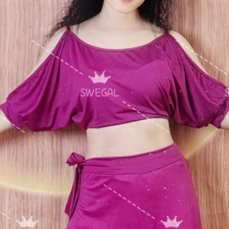 

Костюмы для танца живота селяля по индивидуальному заказу, топ с рукавами «летучая мышь», серебряная длинная юбка с морщинистой талией, платье для восточного танца, тренировочный наряд