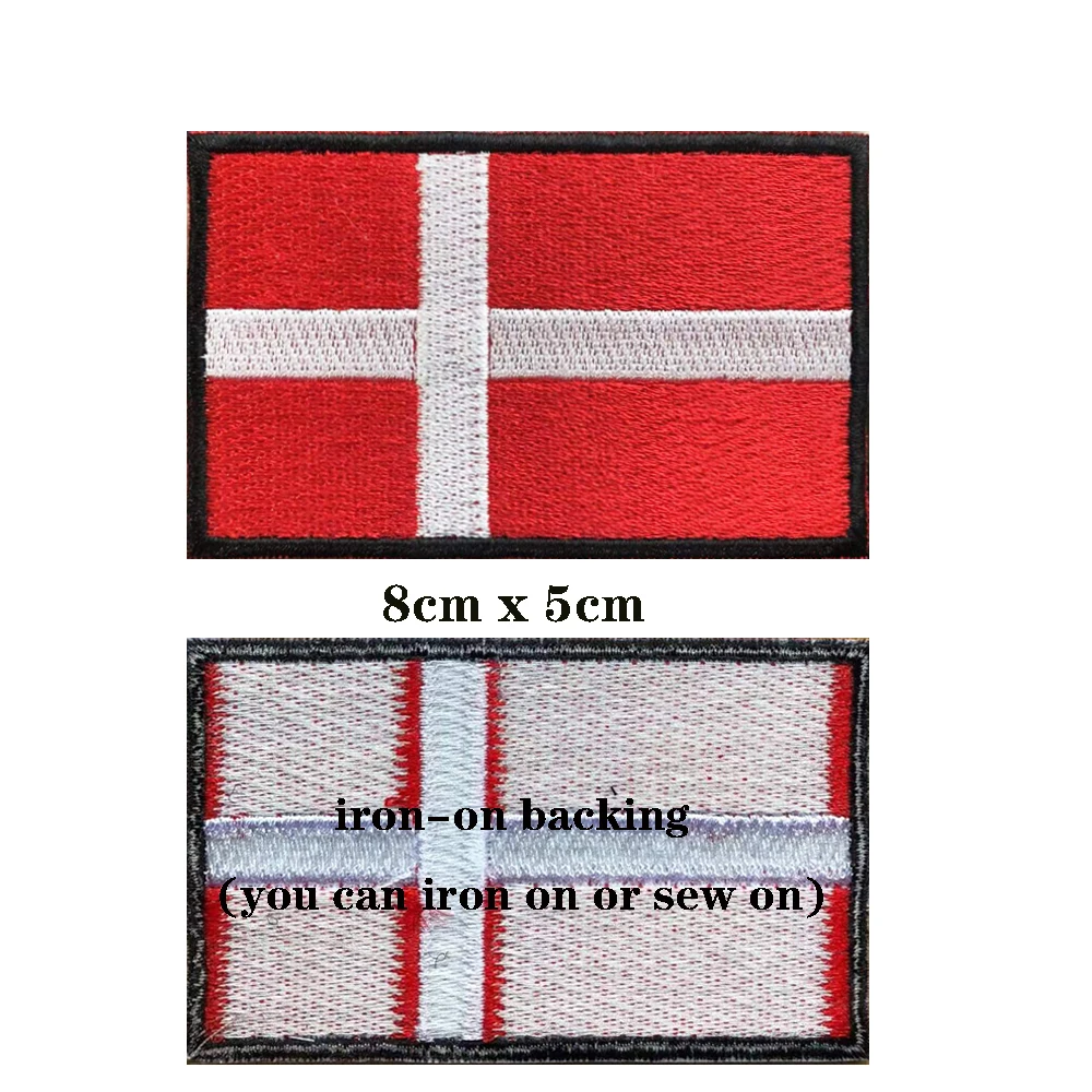 1PC Danish Flag Denmark Embroidered Patch Hook & Loop Or Iron On Embroidery  Badge Cloth Military Moral Stripe