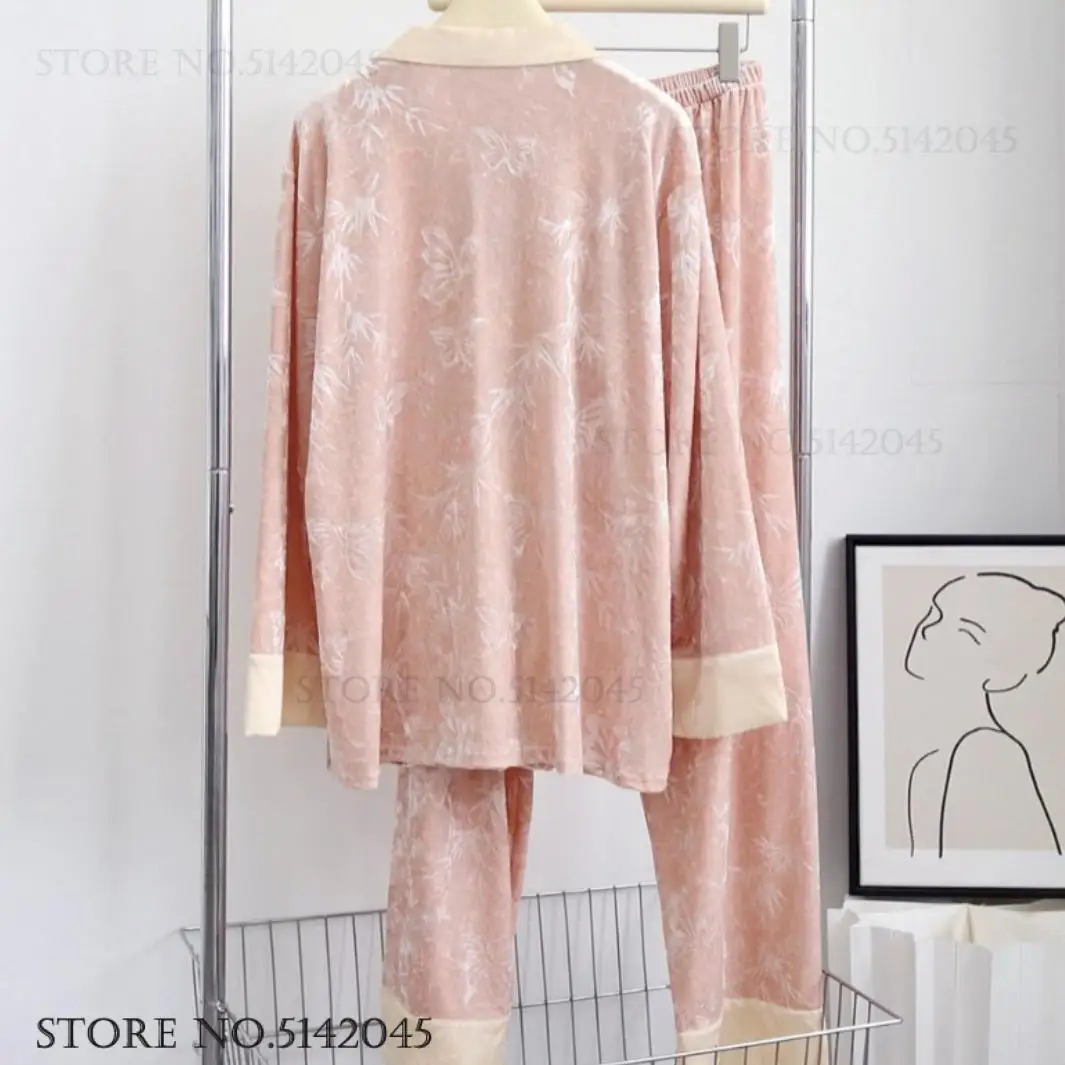 

Autumn New Female 2PCS Pajamas Set Sleepwear Sweet Pink Jacquard Butterfly Trouser Pijamas Suit Home Clothes Loose Lounge Wear