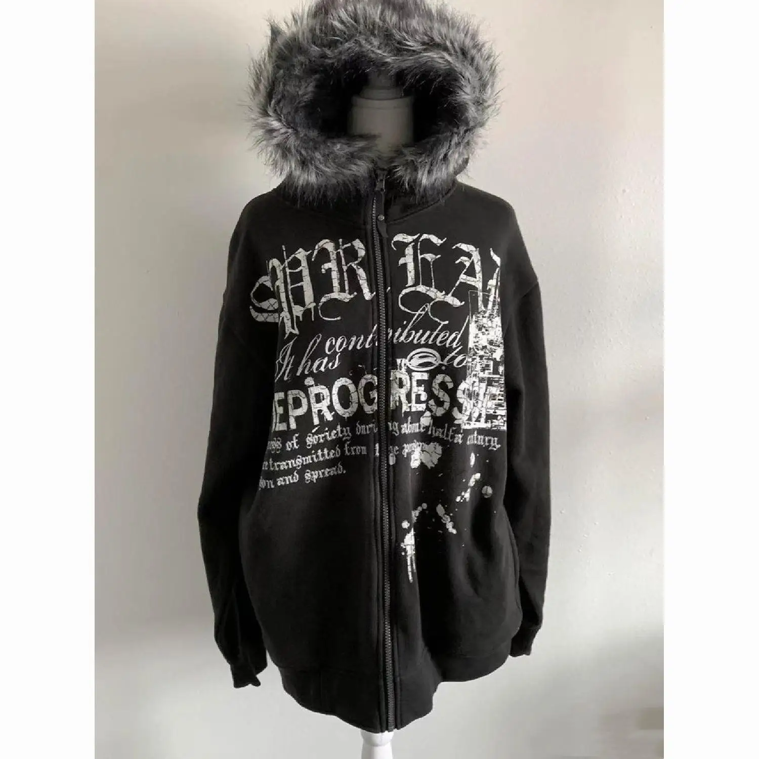 

2025 Autumn Winter Women Hoodies Dark Punk Style Fleece Lined Hoodie Jacket Black Letter Print Zipper Cardigan With Fur Collar