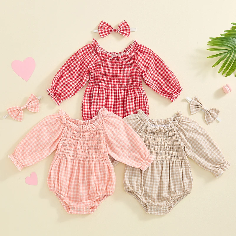 Baby Girl Cute Plaid Romper 2Pcs Fall Outfits Off Shoulder Long Sleeve Smocked Bodysuit with Headband Set Infant Clothes