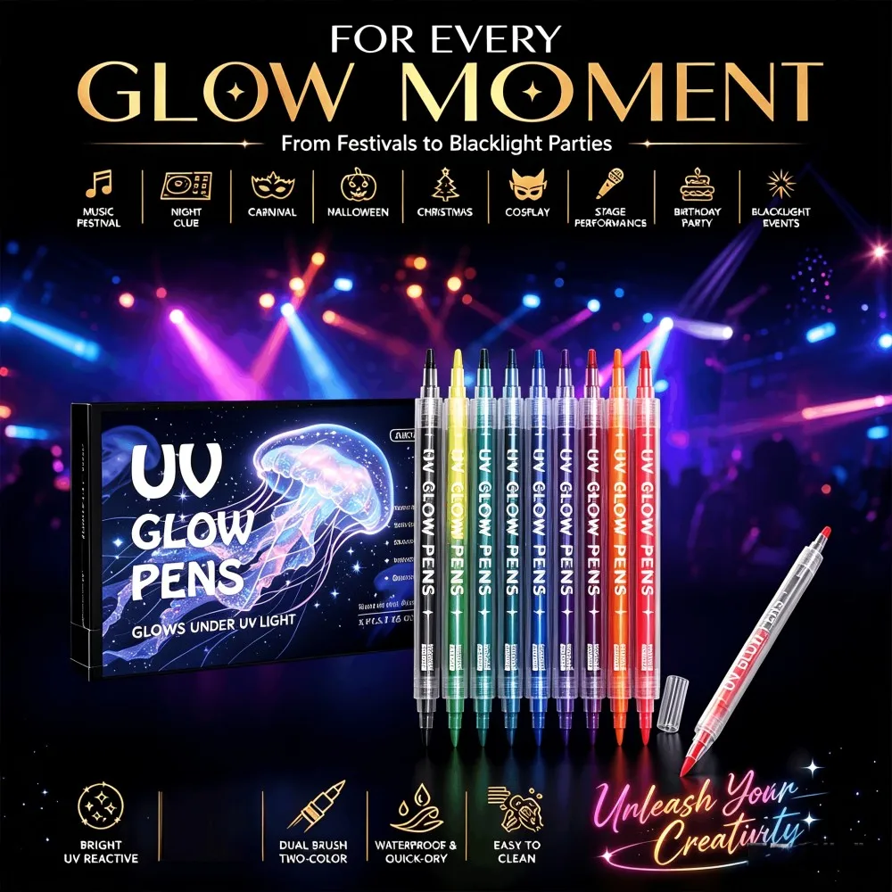 

6/9PCS Dual Tip UV Glow in the Dark Marker Safe Quick Dry Brush Pen for Kids Adults Celebration Festival Graffiti Art Drawing