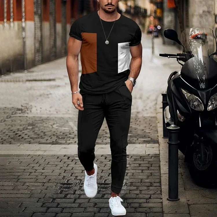 Men\'s Fashion T-Shirt Grid 3D Printed Men\'s Sets Casual Suit