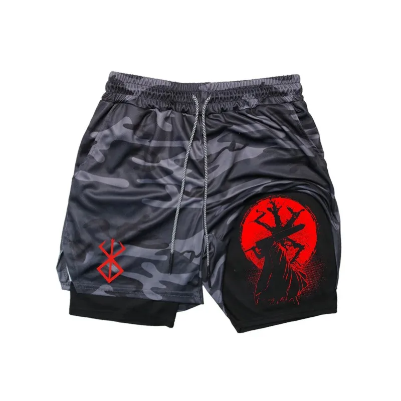 الرجال السراويل ذات الطابقين القوطية الشجاعة طباعة السراويل الصيف التجفيف السريع منشفة حلقة الرياضة اللياقة البدنية 2In1 ركض الجري الشاطئ قصيرة #4