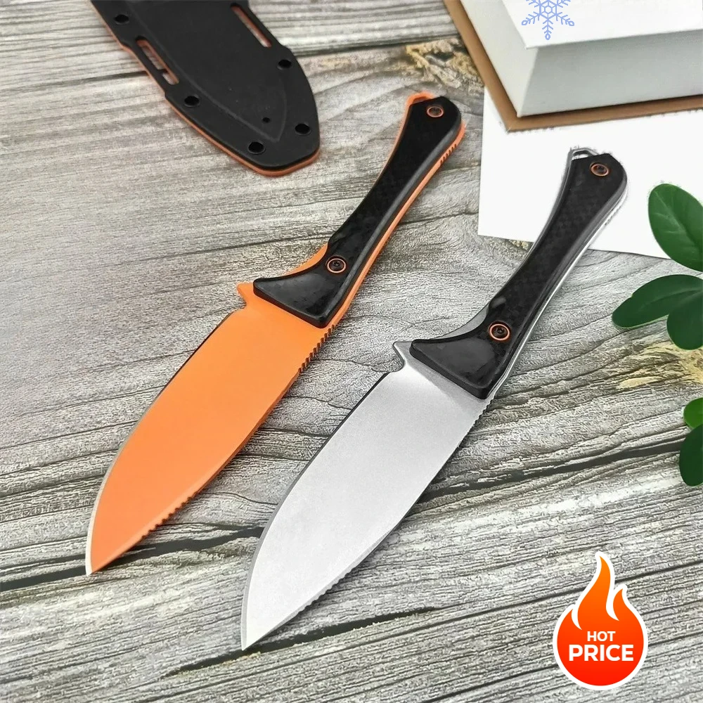 

BM 15201 Altitude Combat Hunting Fixed Blade Knife 3.08" D2 Orange DLC Drop Point Blade Tactical Rescue EDC Tools with Sheath