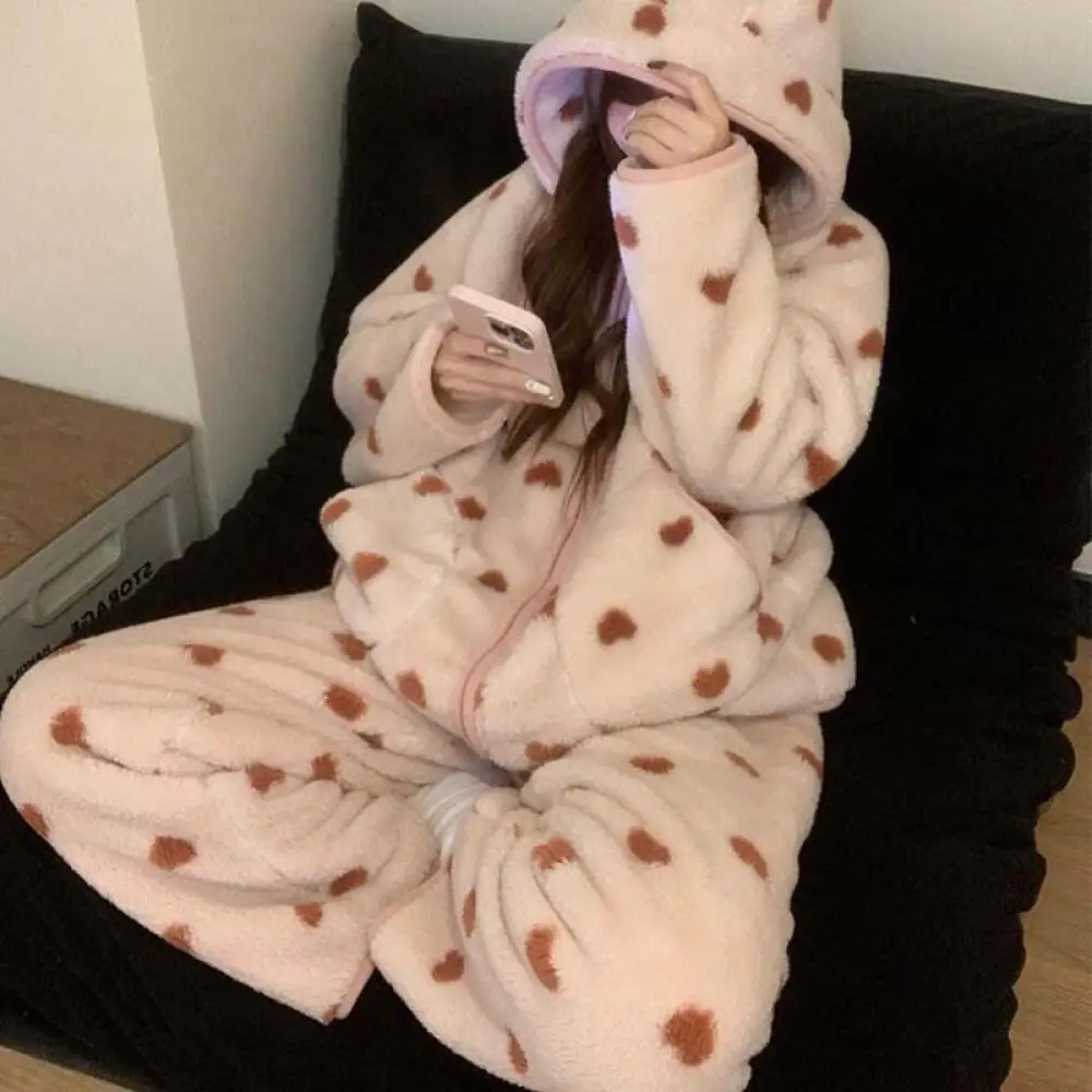 Kawaii Damen Kapuzen-Pyjama Herbst Winter Flanell Korallenfleece Verdickt Reißverschluss Warme Hauskleidung Mädchen Lässiges Plus-Velours Schlafanzug-Set