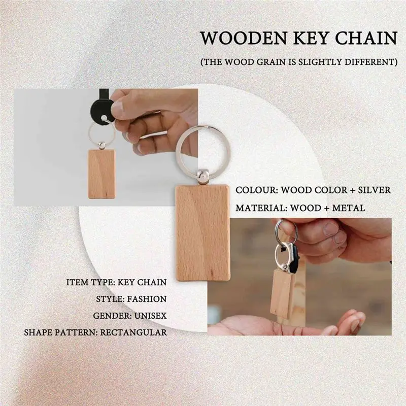 A32HOT-300 Blank Wooden Keychain Rectangular Engraving Key ID Can Be Engraved DIY