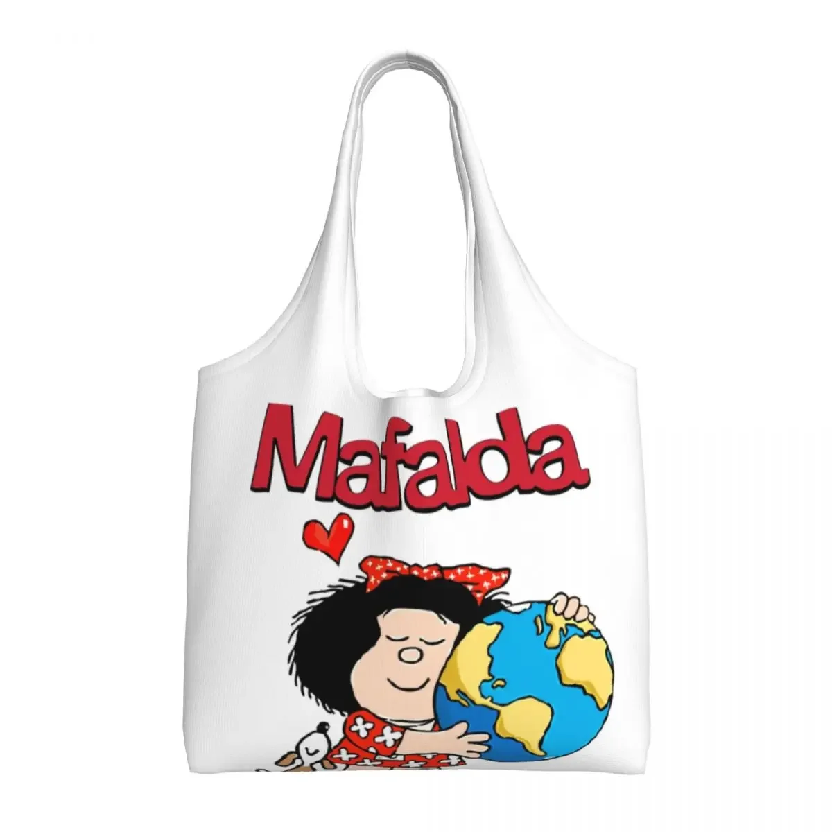 Bolsas de compras personalizadas de Mafalda World And Her Puppy, bolsas de lona para compras, bolsos grandes de hombro, capacidad duradera, bolso de cómic Quino